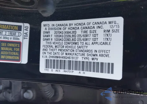 2016 Honda Cr-V Se from USA, damaged, VIN 2HKRM4H49GH619137